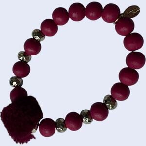 Express Beaded Bracelet Burgundy Gold Boho Pom Pom Charm